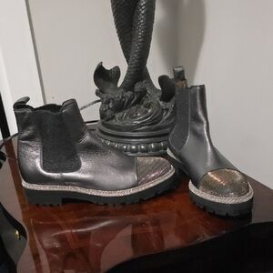 Black Leather Ankle Boots with Silver Toe